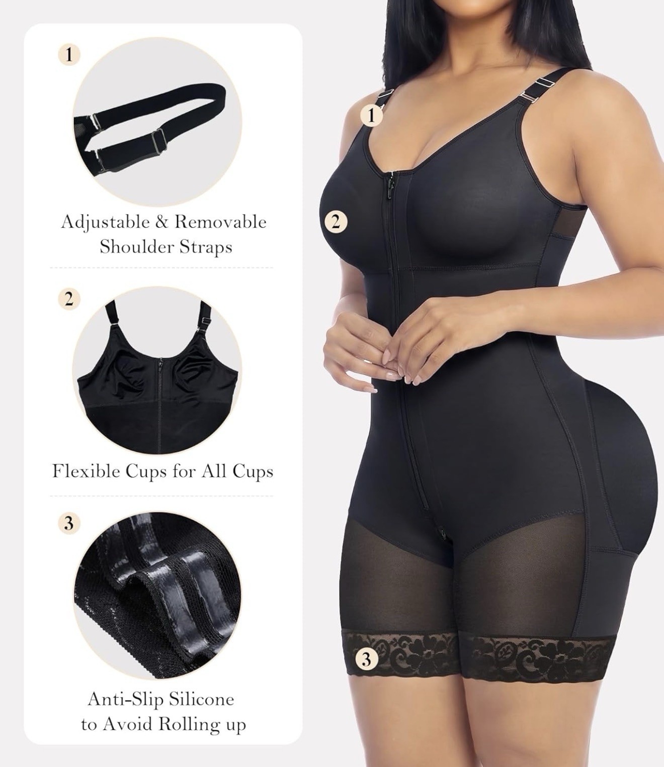 Women’s Black Mesh Tummy Control Shapewear Bodysuit w/ Zipper, Straps