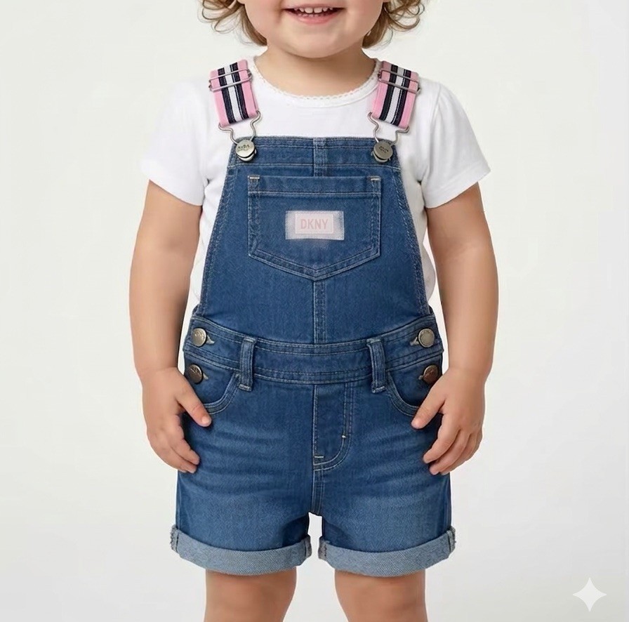 DKNY Baby Denim Shortalls Overalls Size 24M Blue Jean Pink Stripe Adjustable Leg