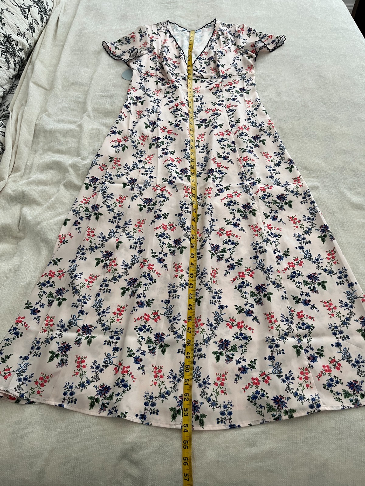 Hill House Home Brie Dress Midi Tea Length V Neck Pink Scallop Bow Chintz Size L