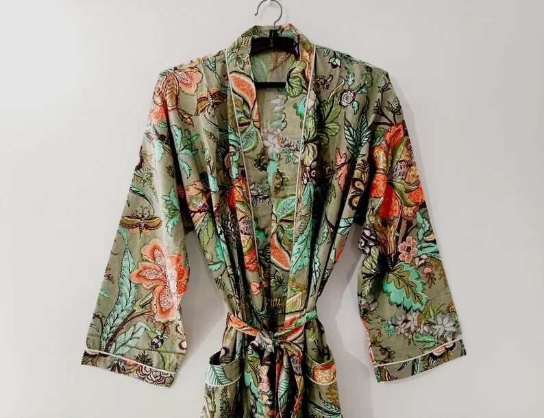 Indian Floral Printed 100% Cotton Robe Long Kimono Sleepwear Night Kimono Dress