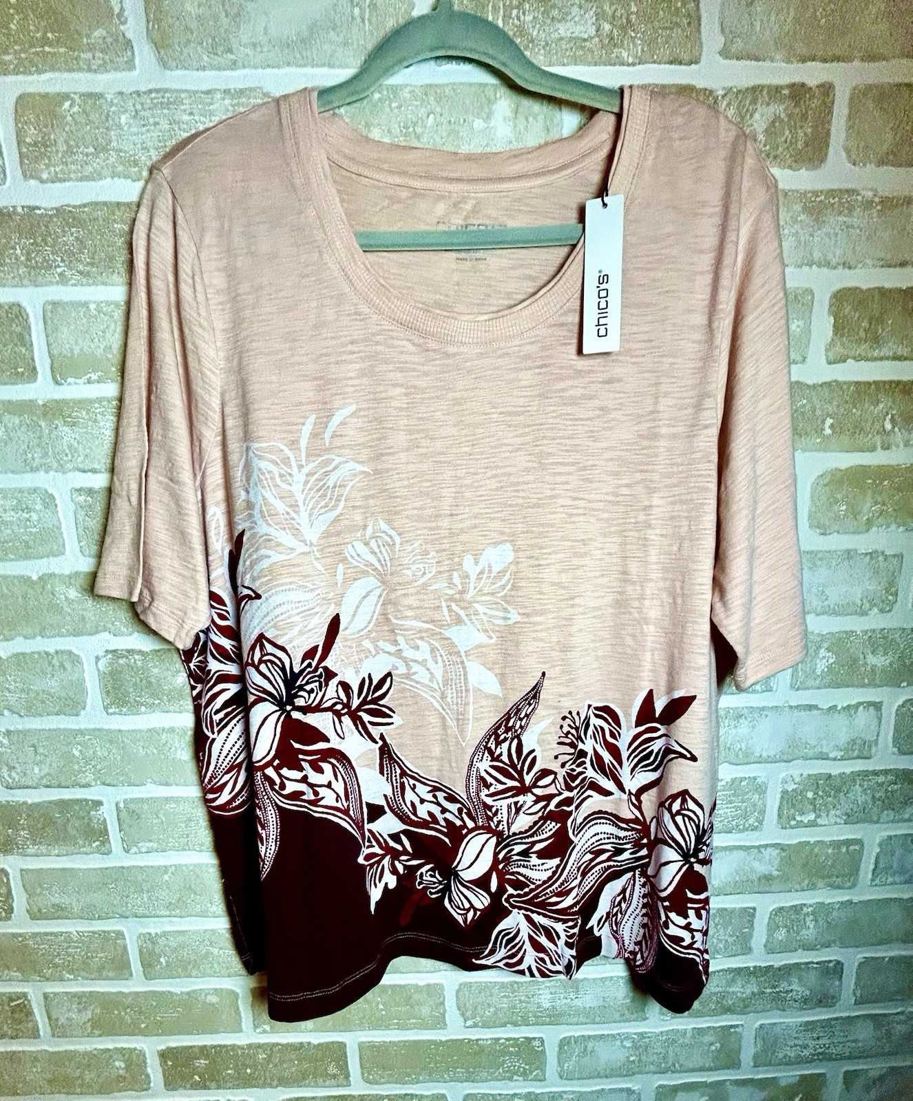 Chico’s Women’s XL Regular Pink Floral Scoop Neck Short Sleeve Cotton T-Shirt