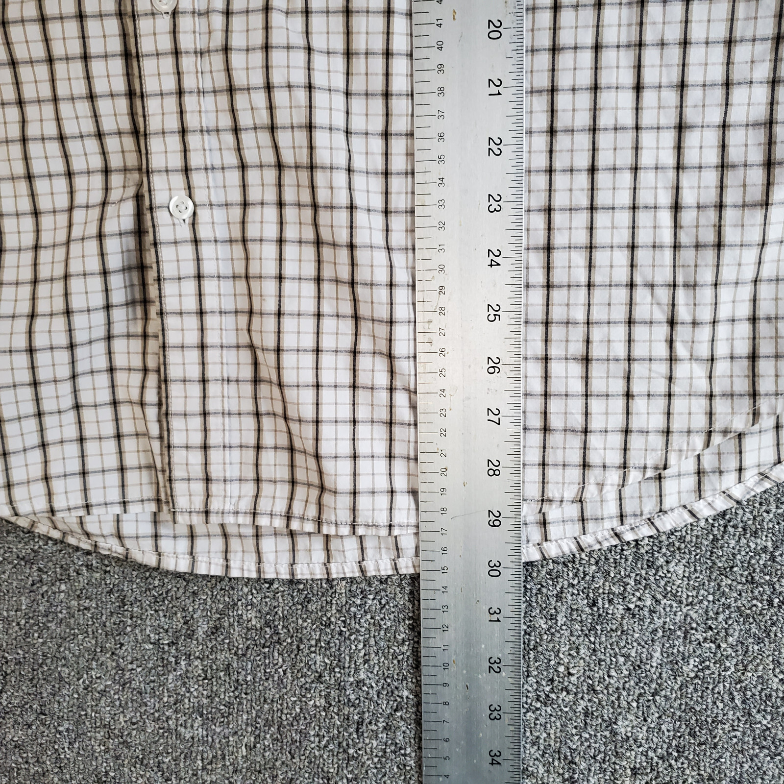 Striped Vintage Short Sleeve Button Up Mens XL Shirt Beige White Black Plaid