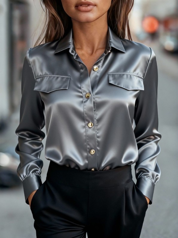 Women Satin Button Down Shirt Long Sleeve Collared Solid Casual Office Blouse