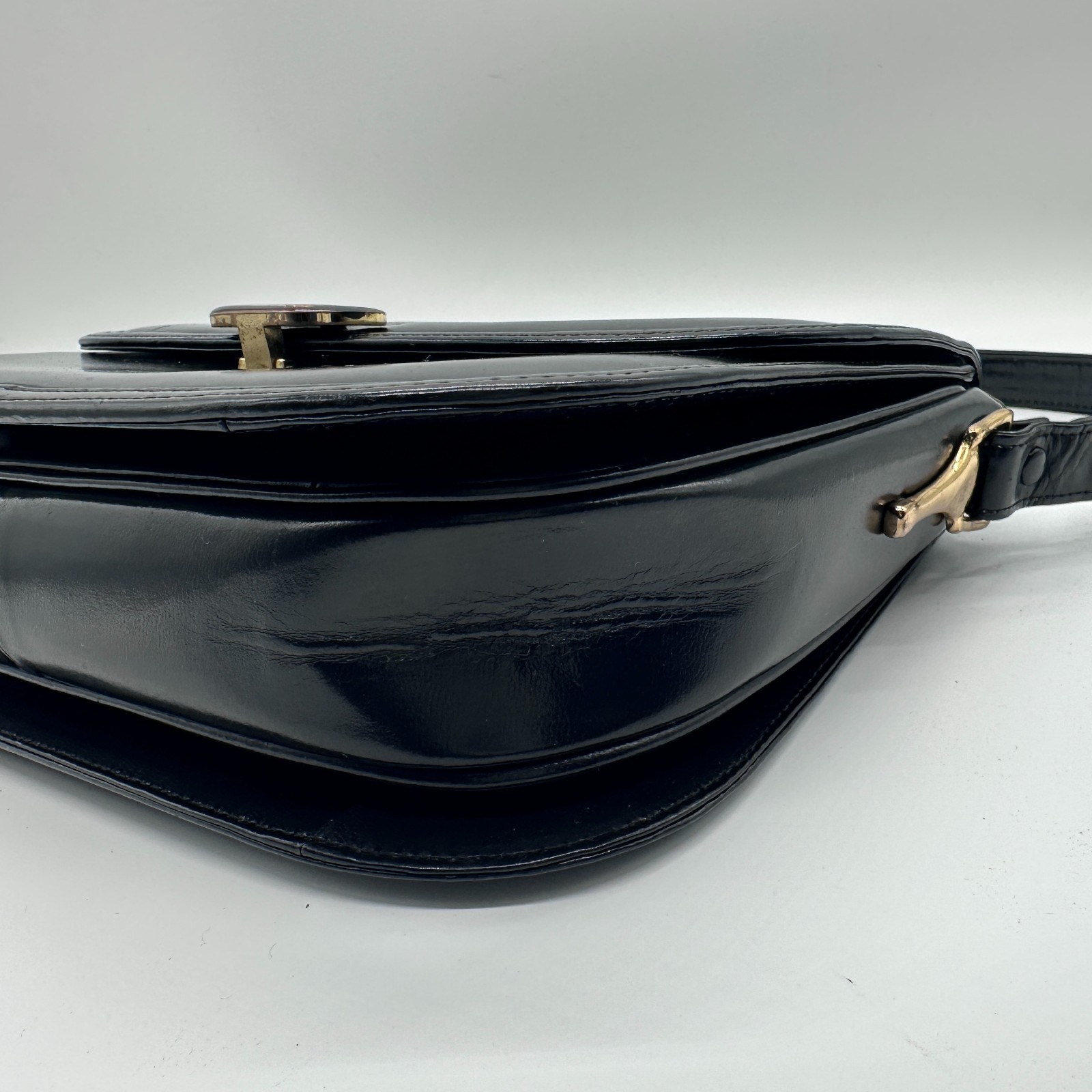 CELINE Shoulder Bag Handbag Horse Black Leather Carriage Purse Vintage Authentic