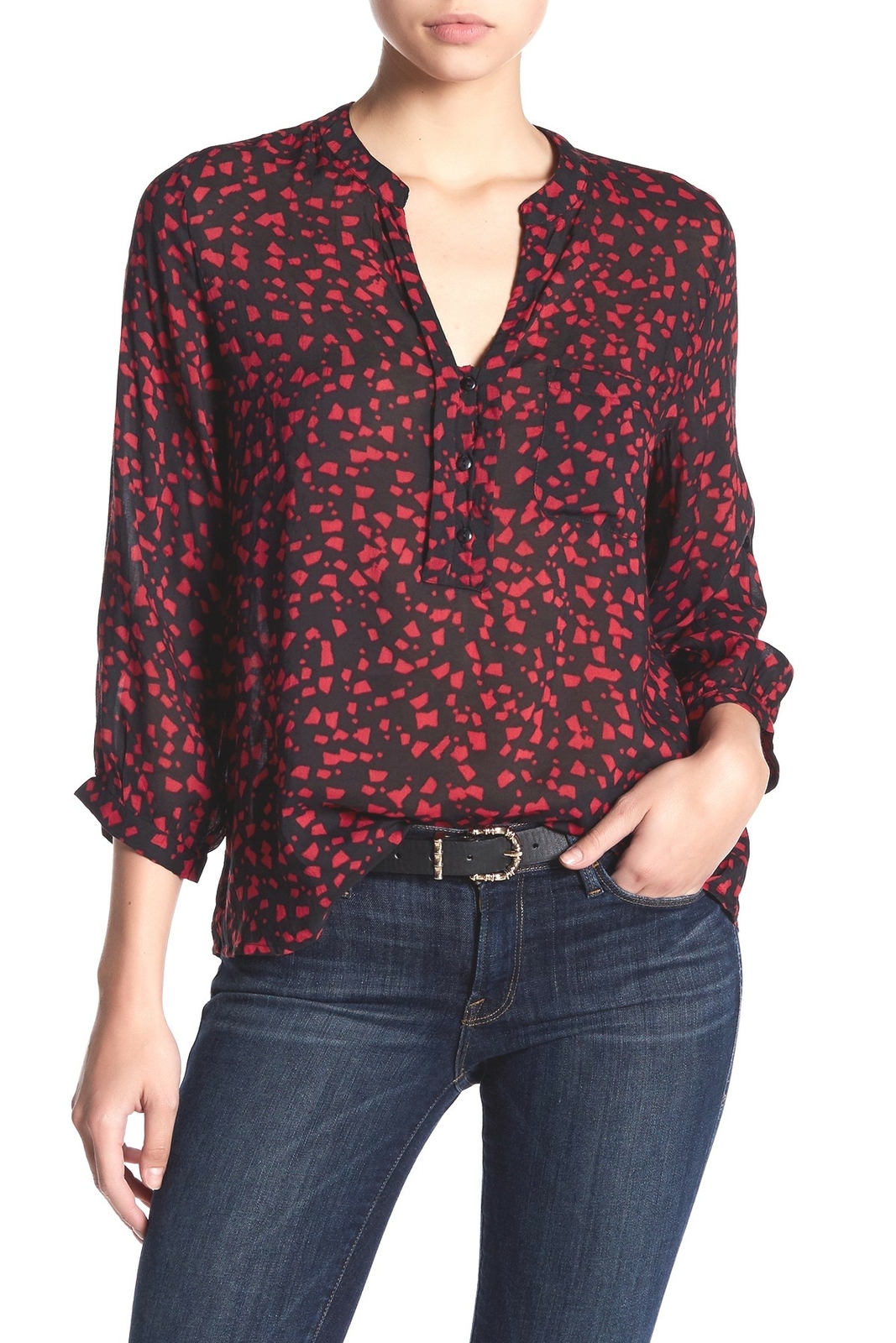 Casual Studio V-Neck Partial Button Blouse black /red abstract size L 155989
