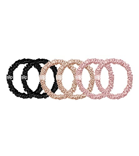 Slip Silk Skinnie Scrunchies in Black, Pink, and Caramel -Set (6 Scrunchies)