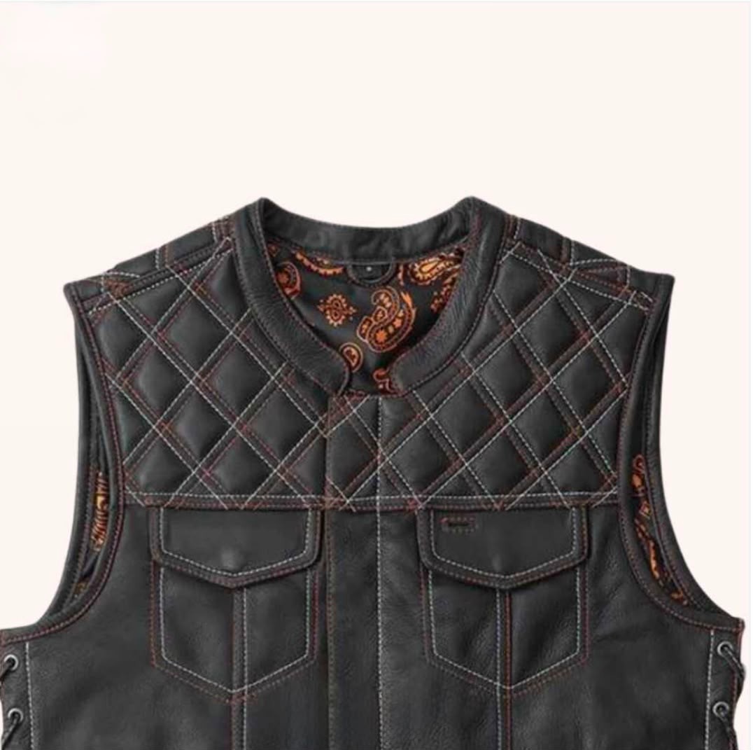 Mens Distressed Leather Motorcycle Vest Biker Club Riding Lace Side Black