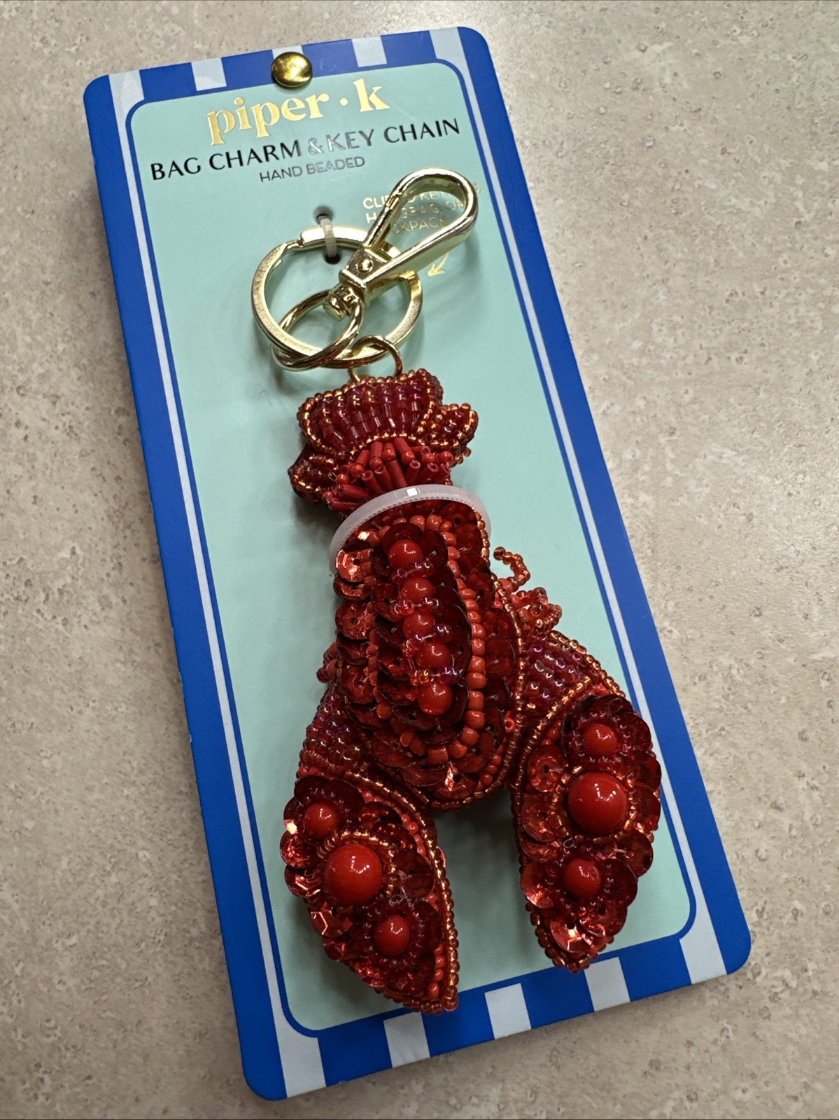 Piper K Hand Beaded Red Lobster Bag Charm Keychain Sequin Gold Tone New