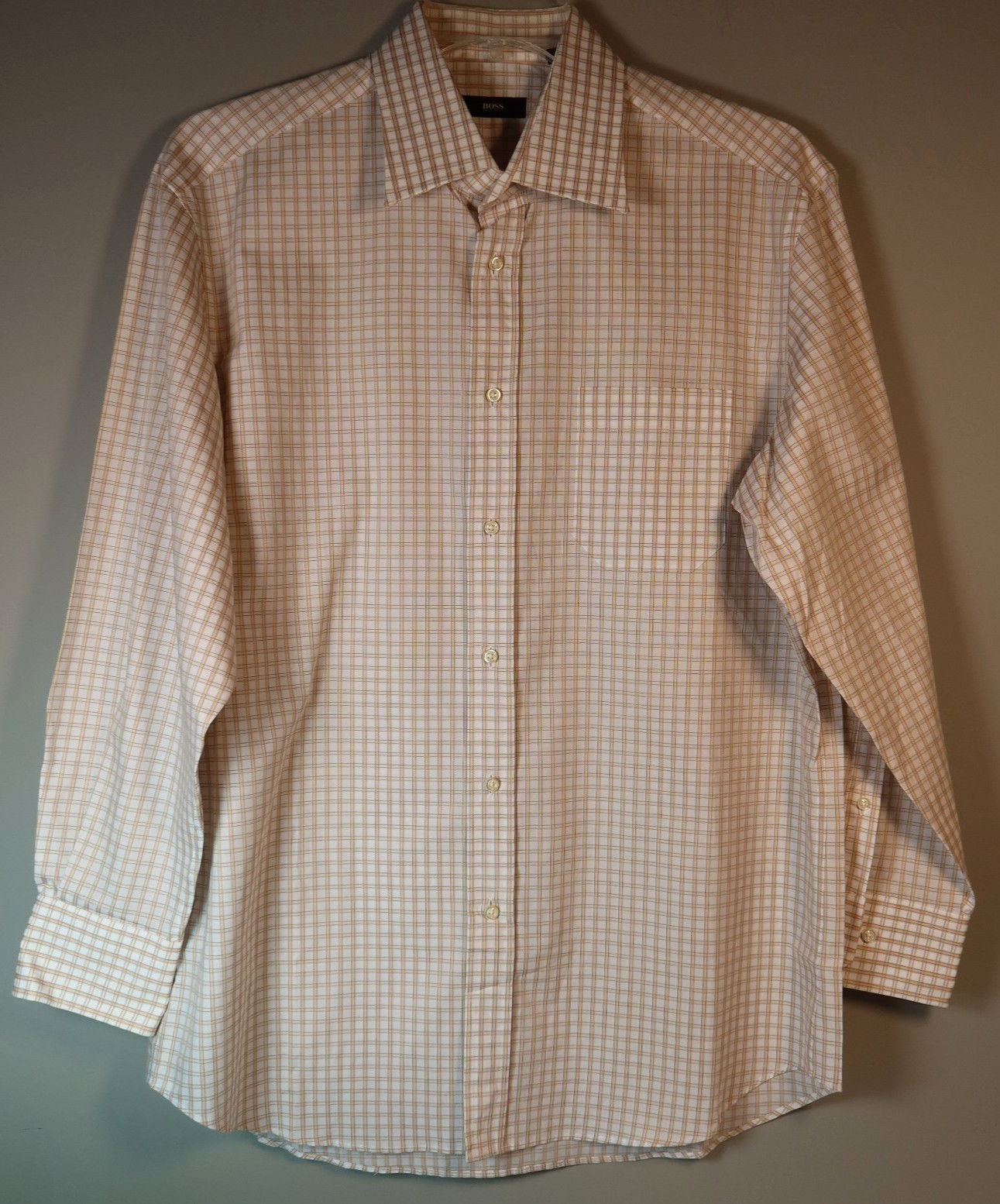 NWOT Hugo Boss Mens 16×32/33 Sharp Fit Dress Shirt Beige White Plaid 100% Cotton