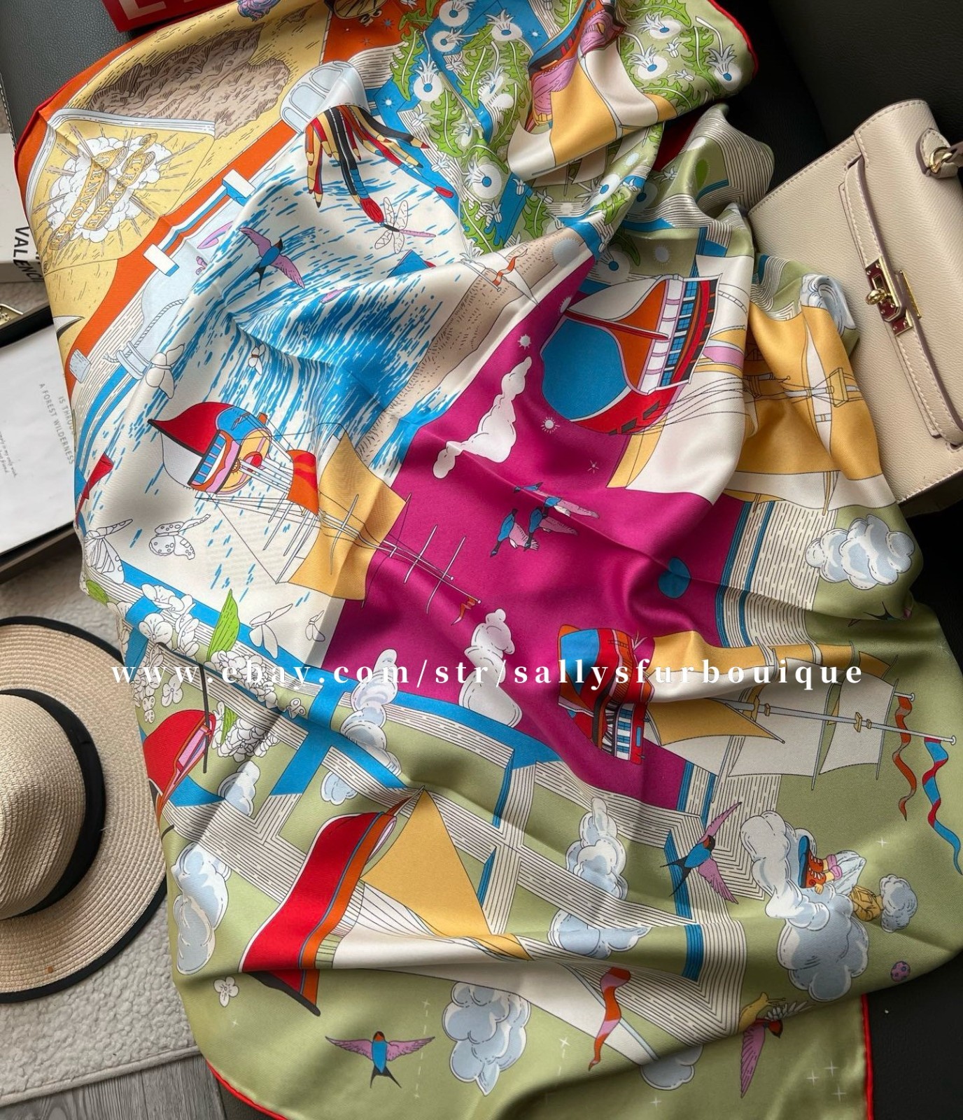 2026 Sallys Boutique 18 Momme Heavy Twill Silk Wrap Scarf Boats Print Shawl 35″