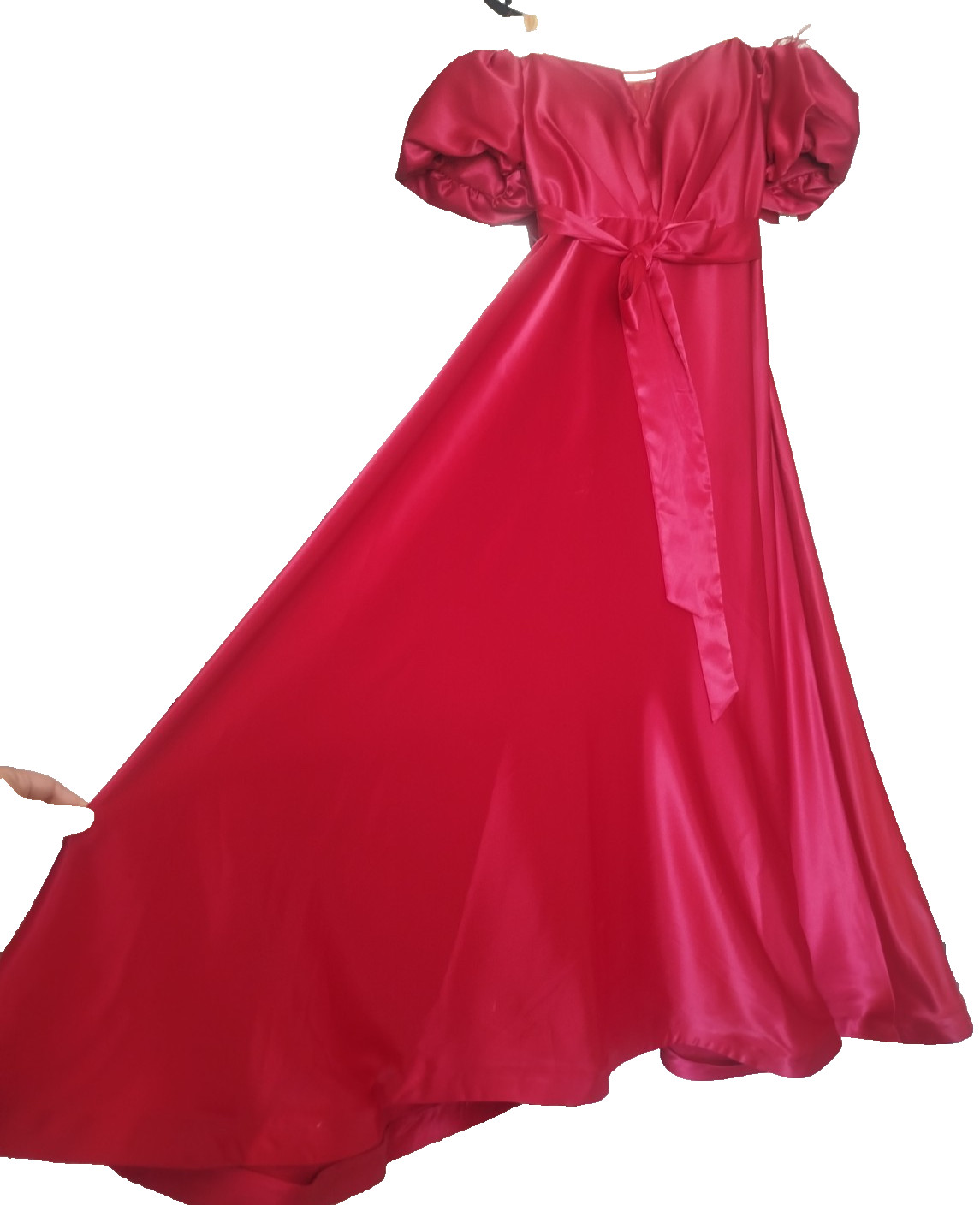 Elegant Red Satin Evening Dress Balloon Puff Sleeve Maxi Party Gown Gently Used
