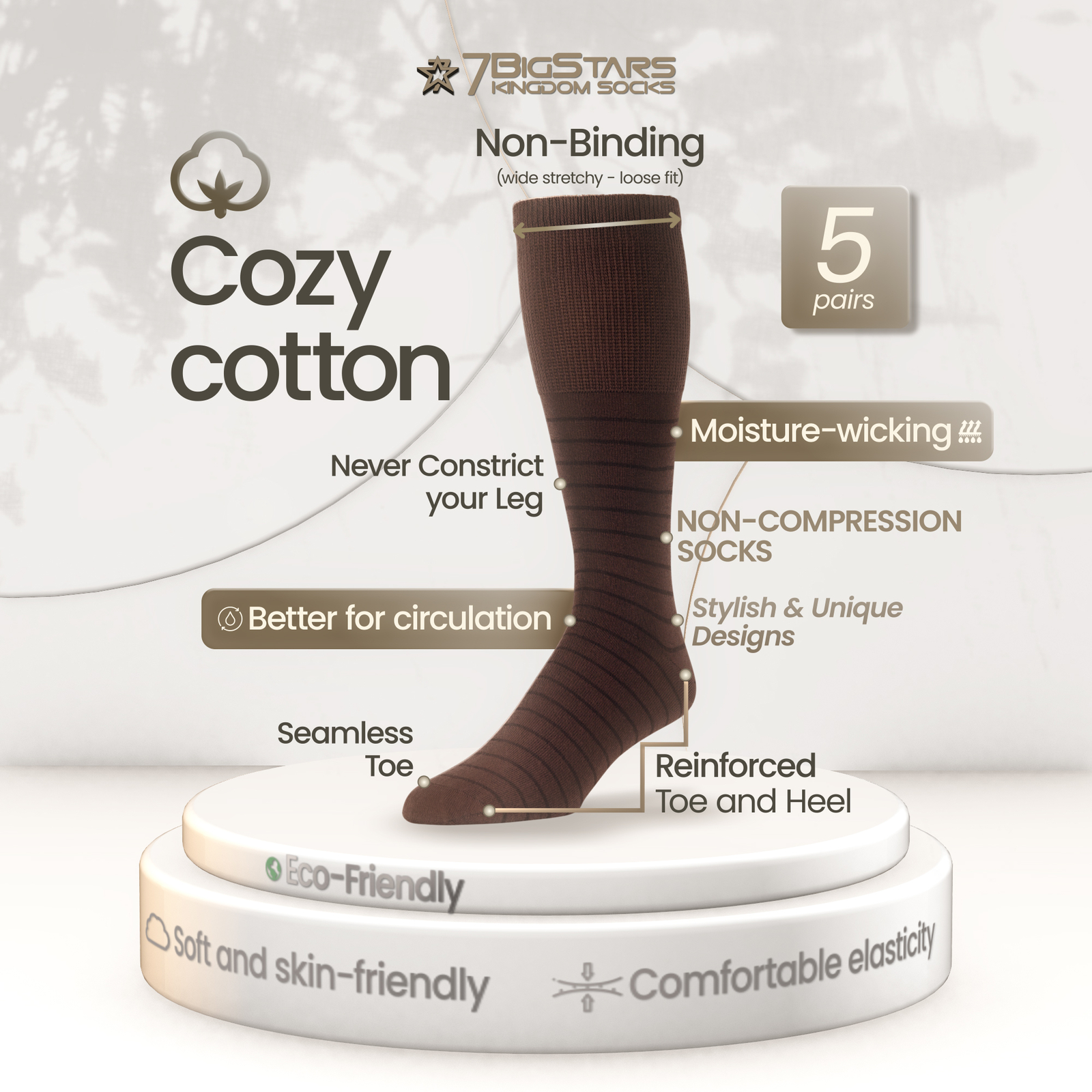 Men Diabetic Wide Cotton Mid-Calf Soft Socks 5 Pack-Large-Stripe Dot Brown Beige