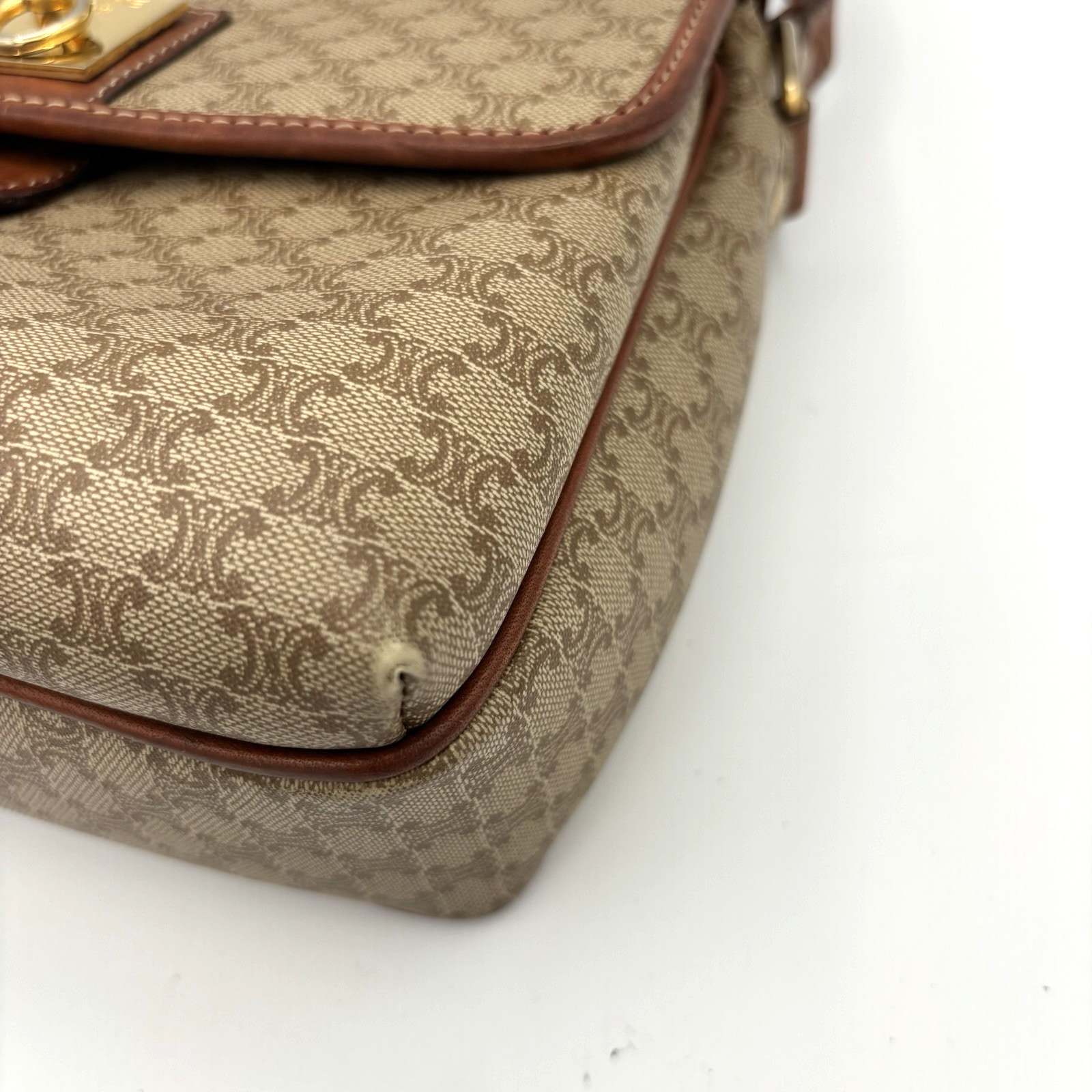 CELINE Macadam Canvas Shoulder Bag PVC Beige Gold Authentic 0046