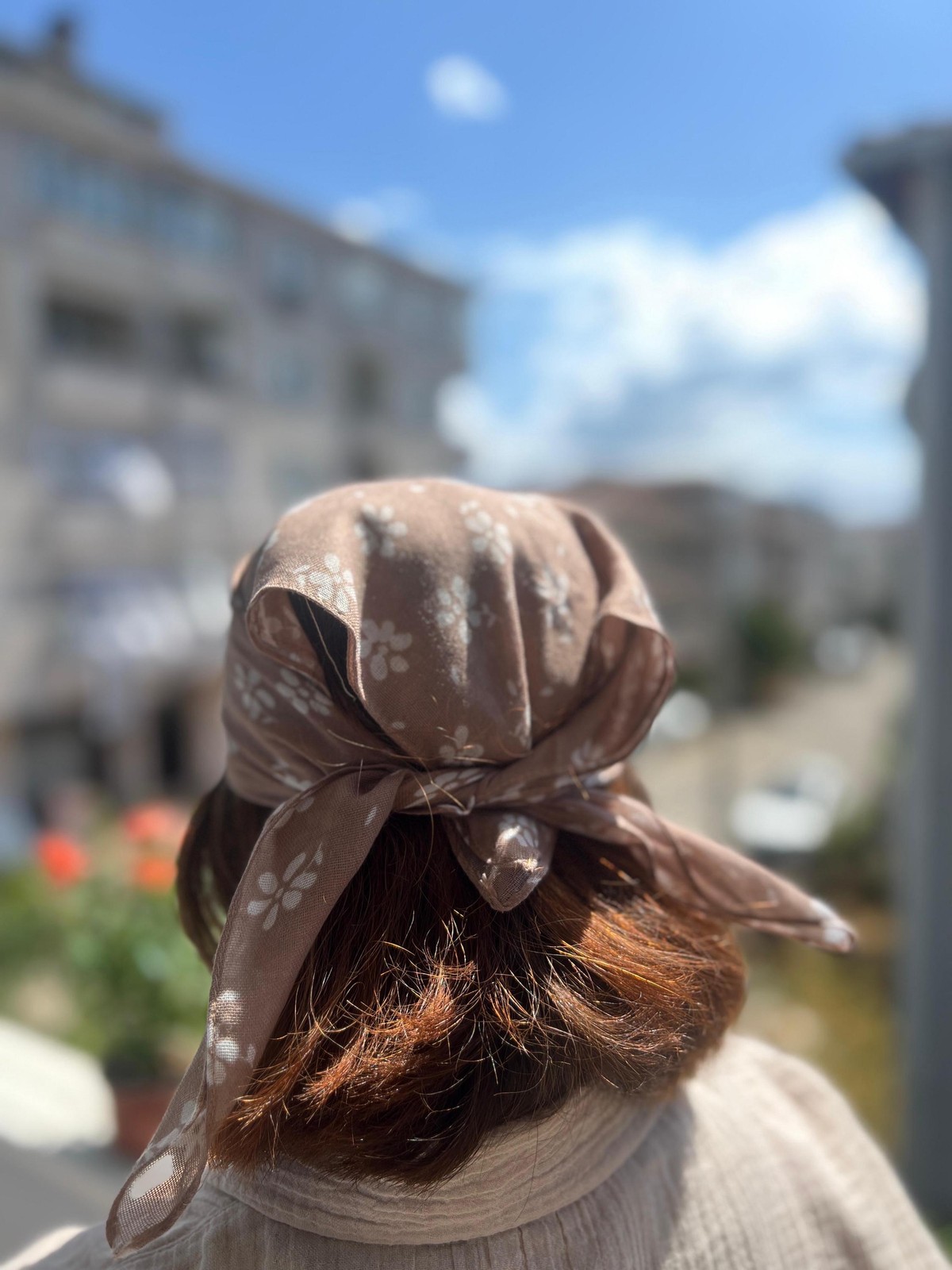 Taupe Floral Bandana Cream Flower Cotton Head Scarf Handmade Unique Boho