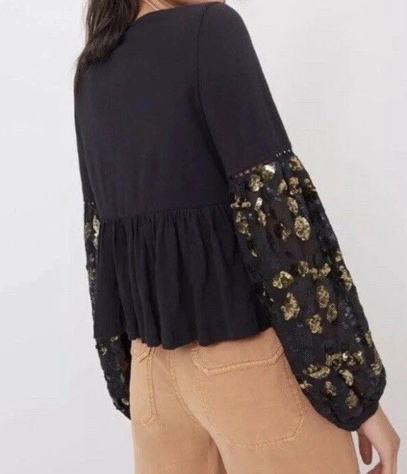 Anthropologie Womens Medium Black Sequin Embellished Peplum Top Balloon Sleeve