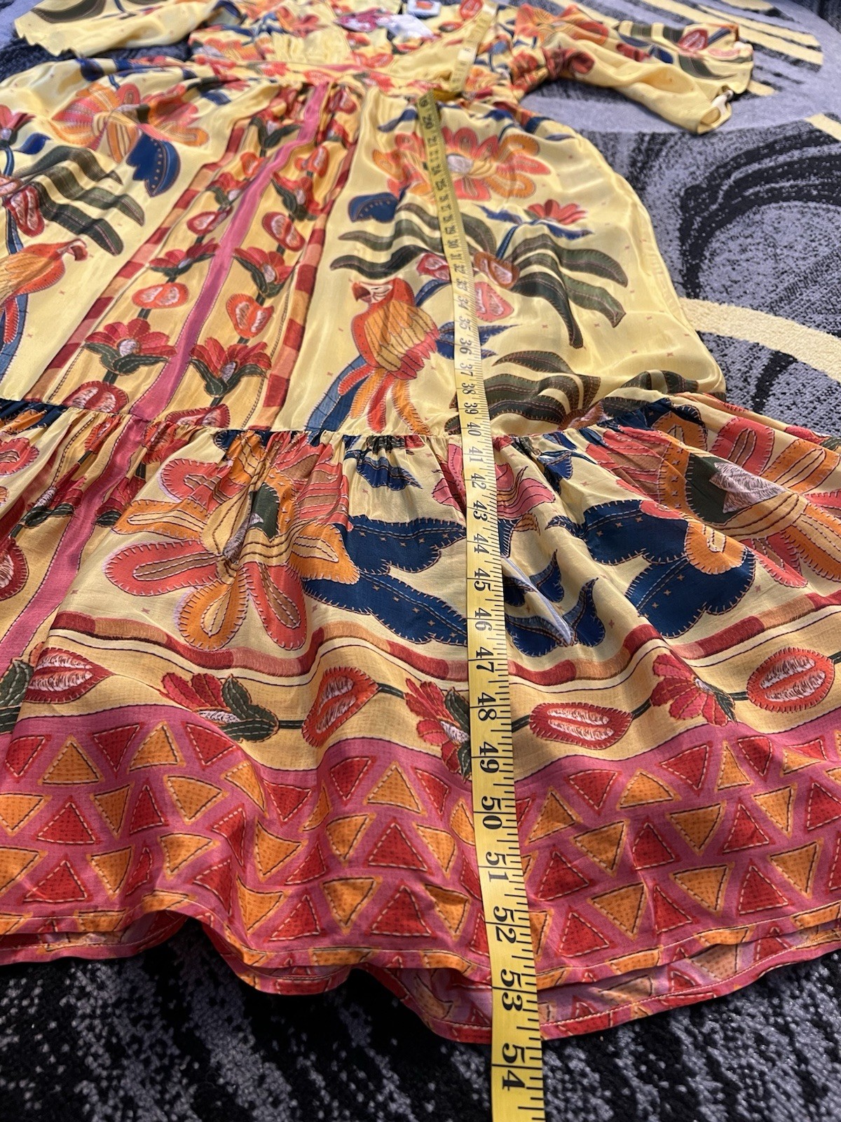 FARM Rio For Anthropologie Yellow Tropical Print Satin Like Fabric Maxi Dress M