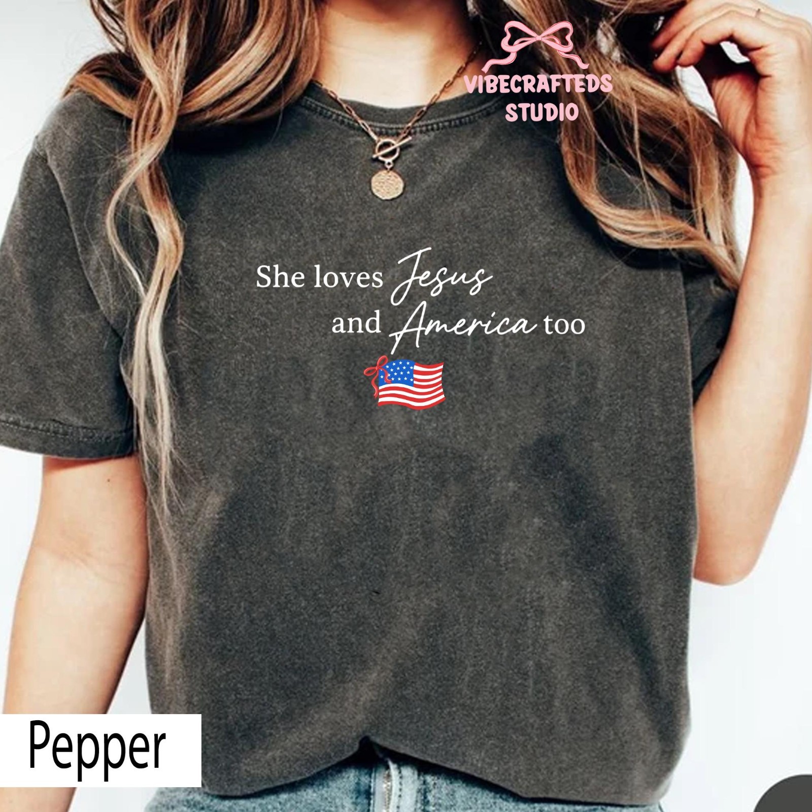 She Loves Jesus and America Too T-Shirt Patriotic Christian Flag Tee