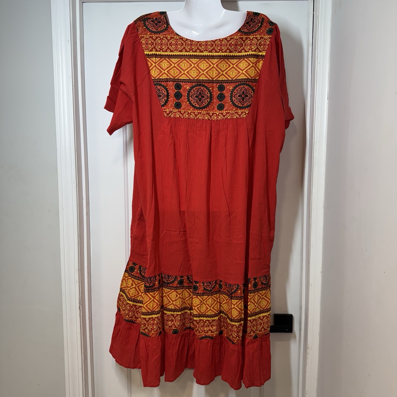 NWT National House Patio Dress Red Santa Fe 2X Crinkle Muumu Pullover Artsy Boho