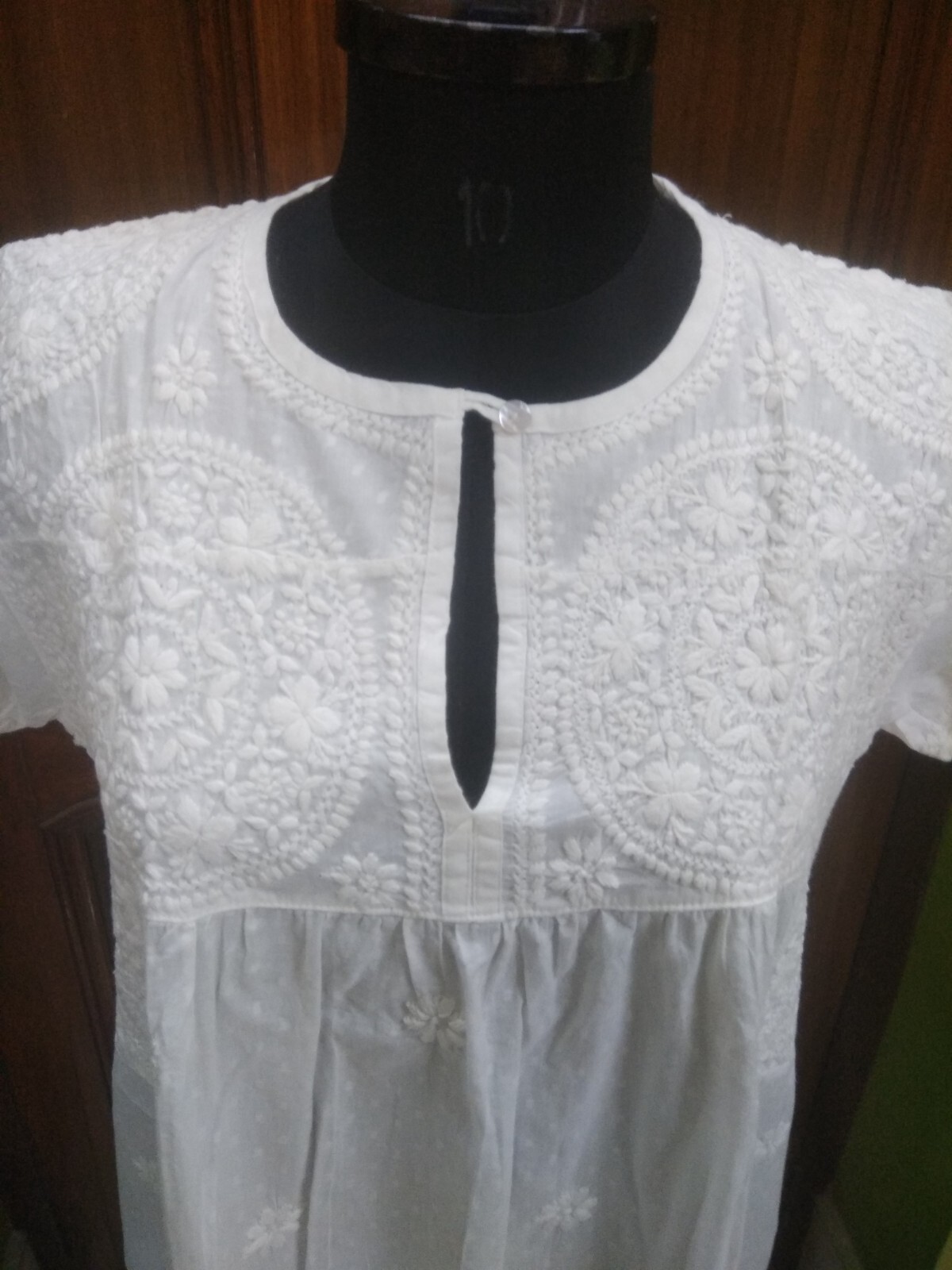 100% COTTON DOTED FABRIC XL 44 HANDMADE ETHNIC TOP KURTA KURTI CHIKAN EMBROIDERY