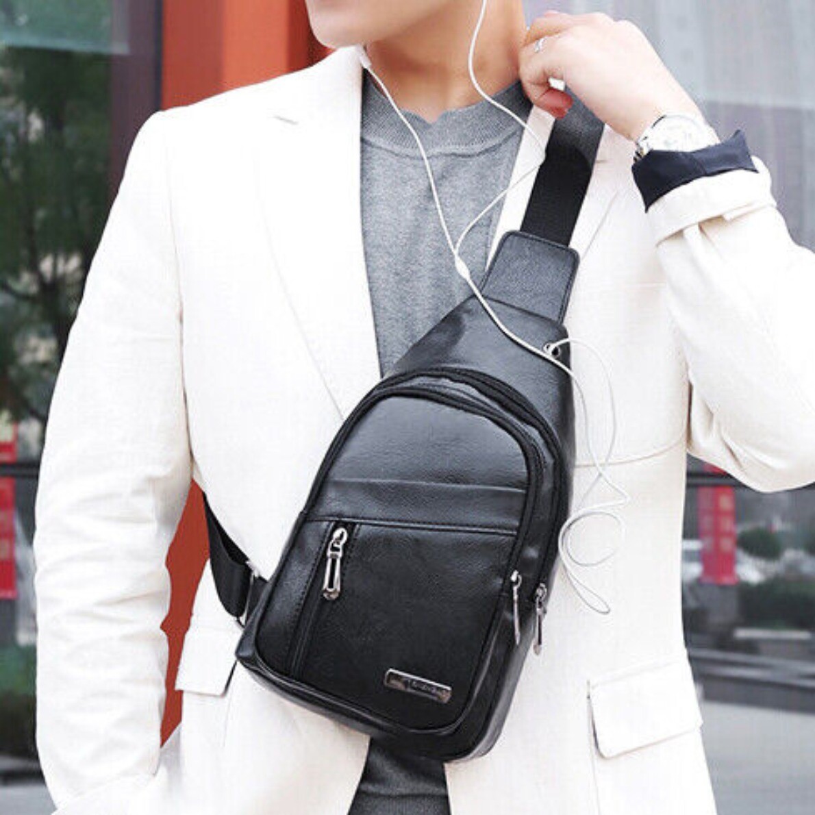 Mens Backpack Leather Sling Bag Chest Shoulder Fanny Pack Crossbody Sport Travel