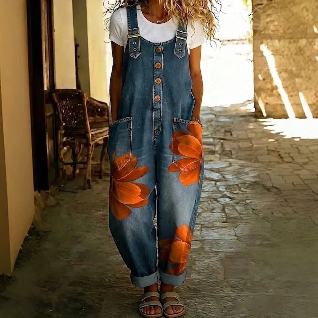 NEW Womens Denim-Style Jumpsuit With Floral Print