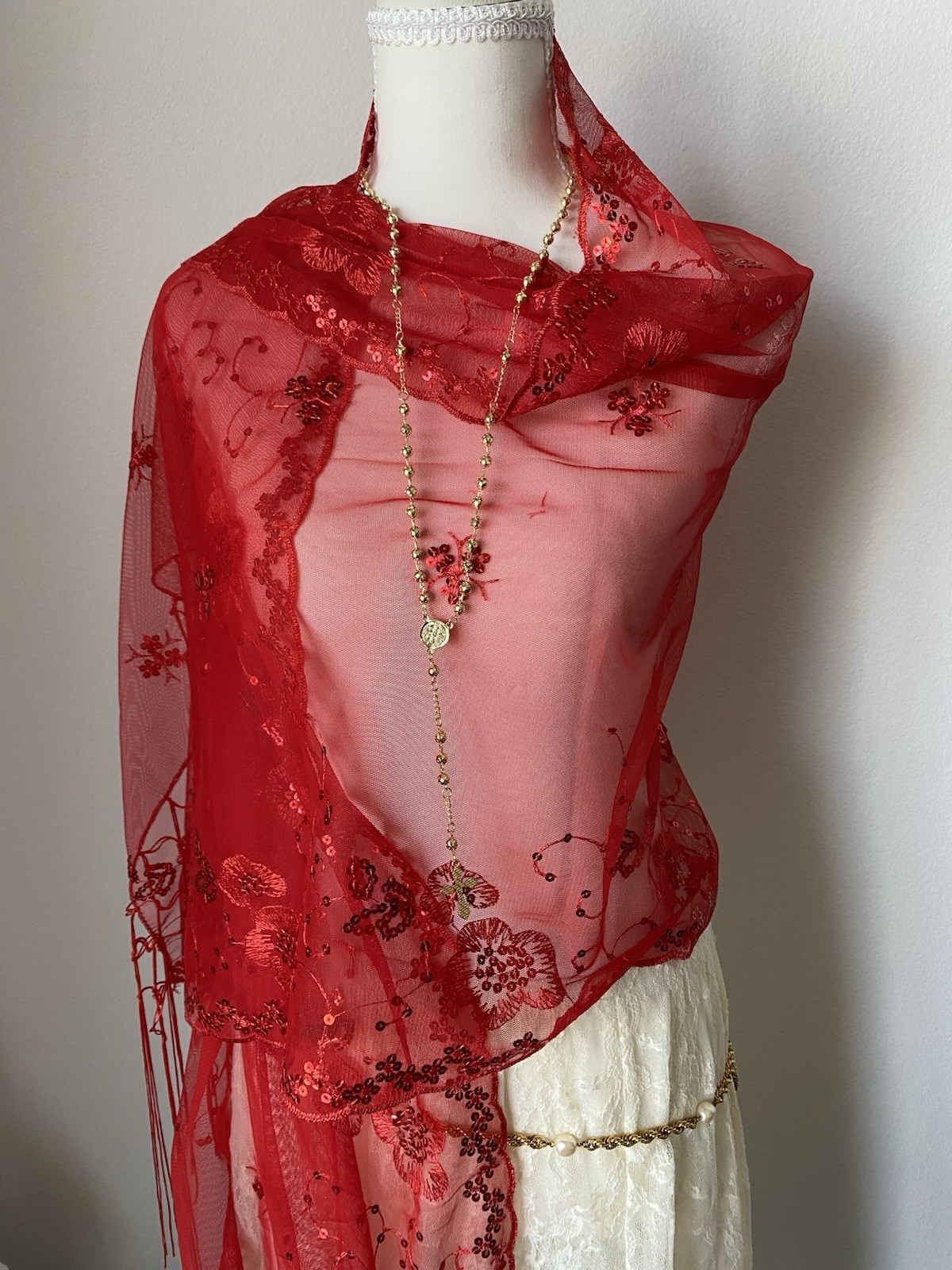 Red Mesh Sheer Shawl Floral Embroidered Sequin Fringe Women’s Scarf Whimsical