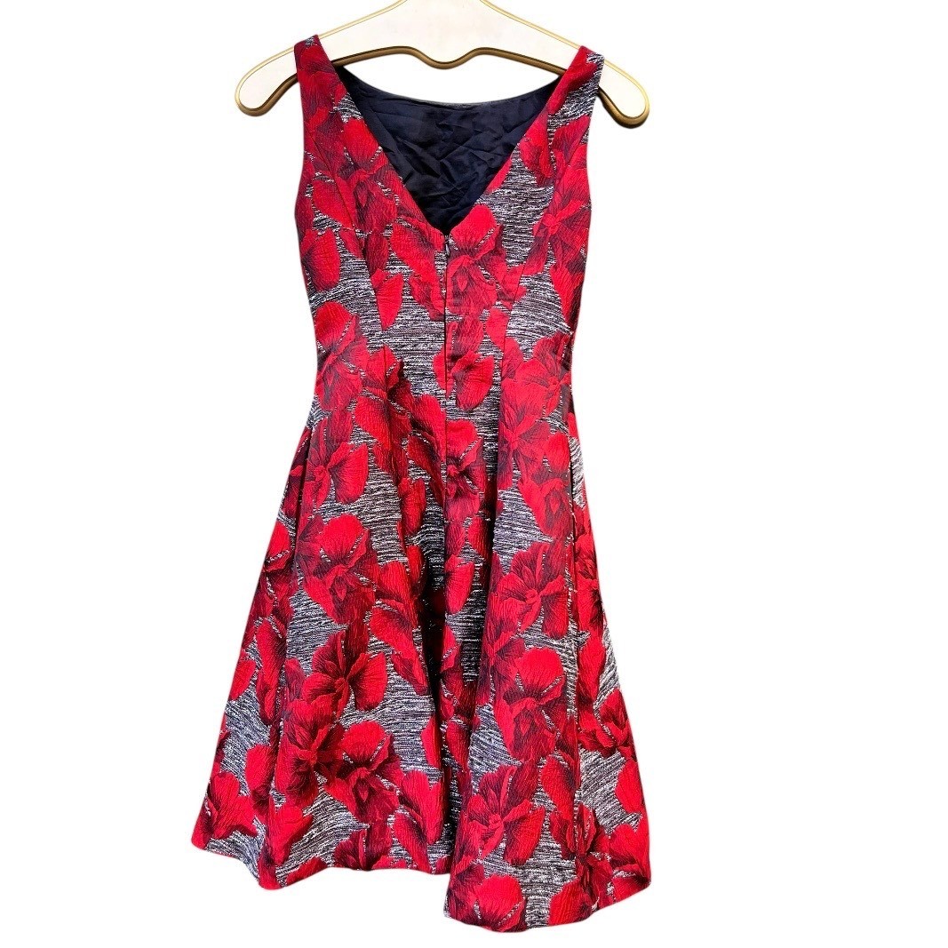 Adrianna Papell Floral Jacquard Fit & Flare Dress Red Black V-Back Old Money 4