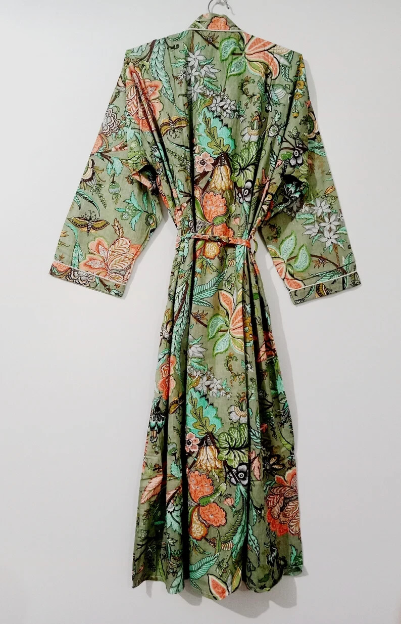 Indian Floral Printed 100% Cotton Robe Long Kimono Sleepwear Night Kimono Dress