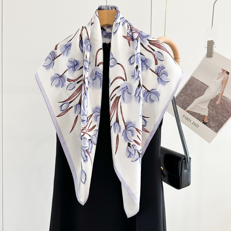 100% Silk Mulberry 35” Scarf For Women Neckerchief Wrap Flower branches Print