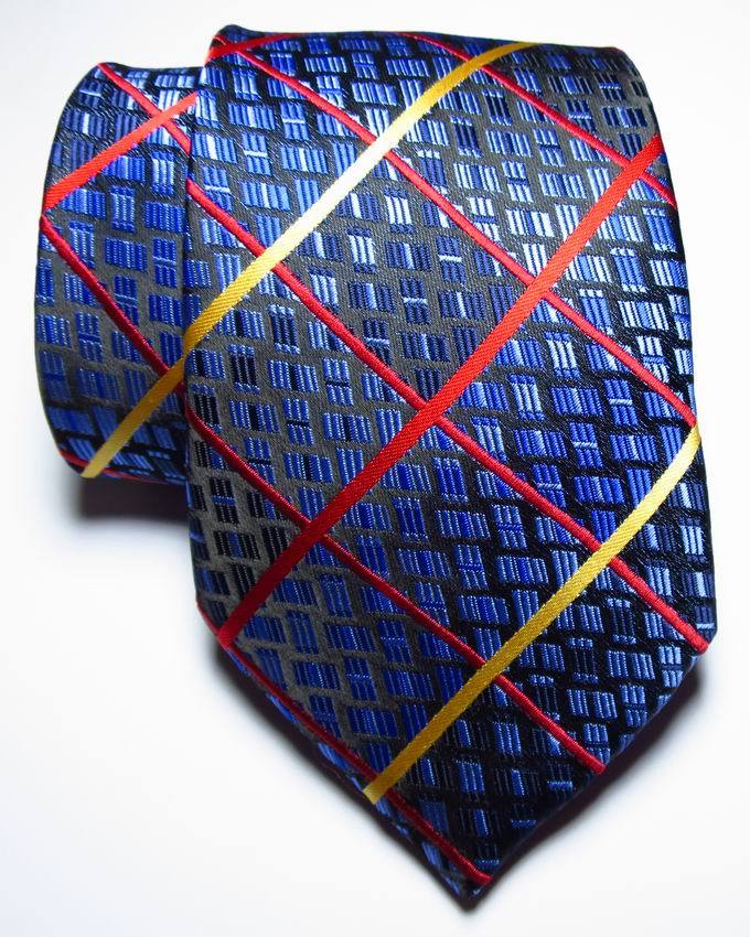 Classic Checks Jacquard Woven Silk Mens Tie Blue Gold Red Formal Neckwear
