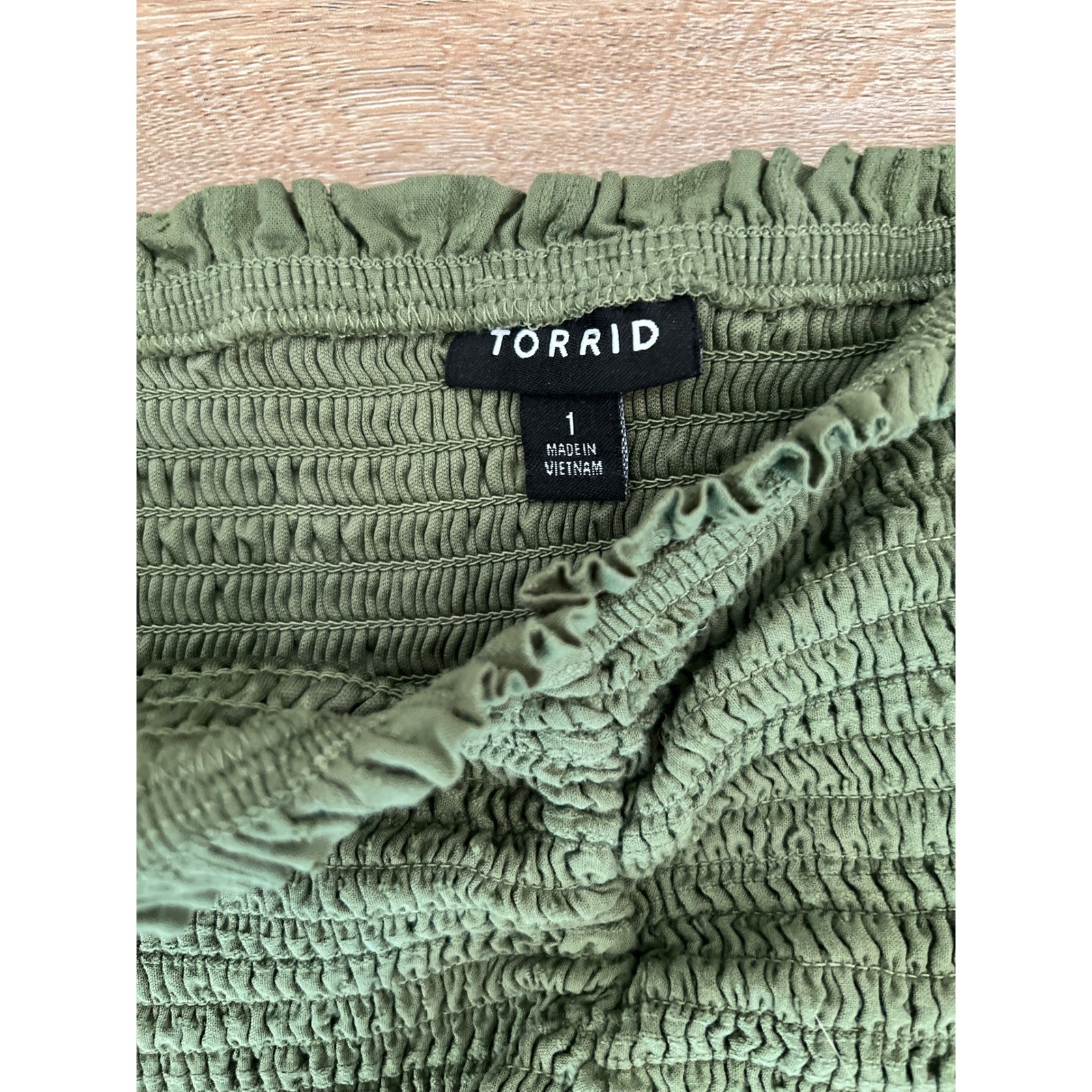 Torrid Cottagecore Boho Smocked Crochet Lace Off Shoulder Top Olive Green 1X