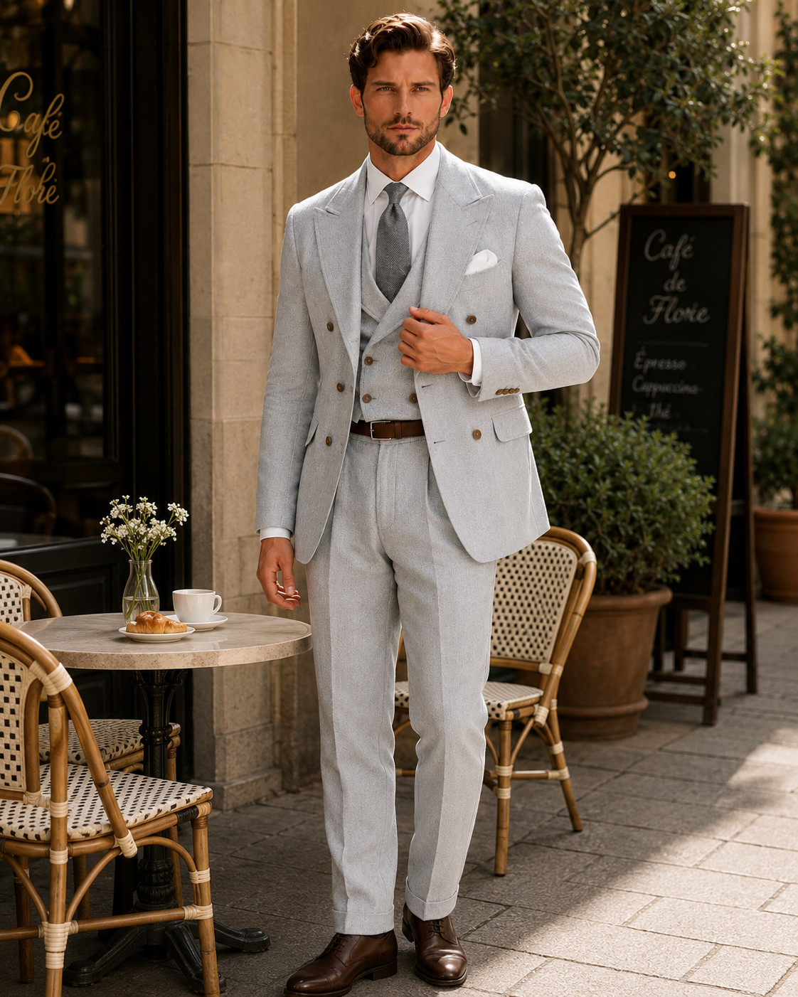Men’s Light Gray Textured Double Breasted 3 Piece Suit Blazer Vest Pants