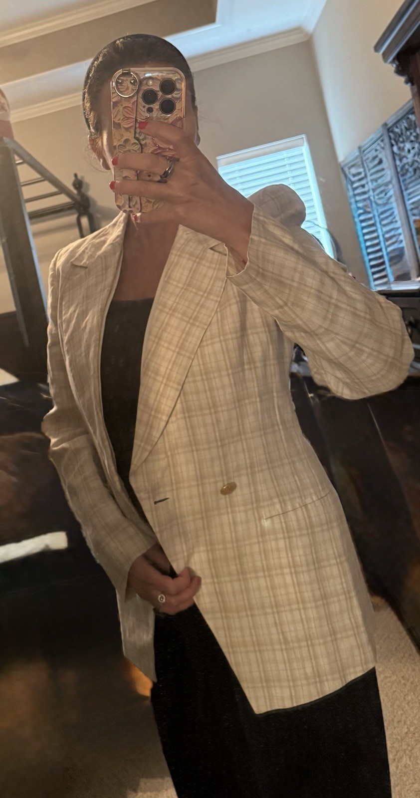 Escada Margaretha Ley 100% Linen Plaid Blazer Beige White Gray Size 34