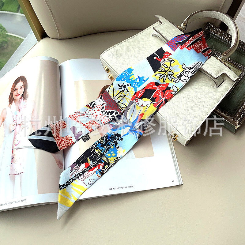 Sally Mulberry Twill Silk Scarf Ribbon Dogs Print Slim Head Band Neck Tie 90x5cm