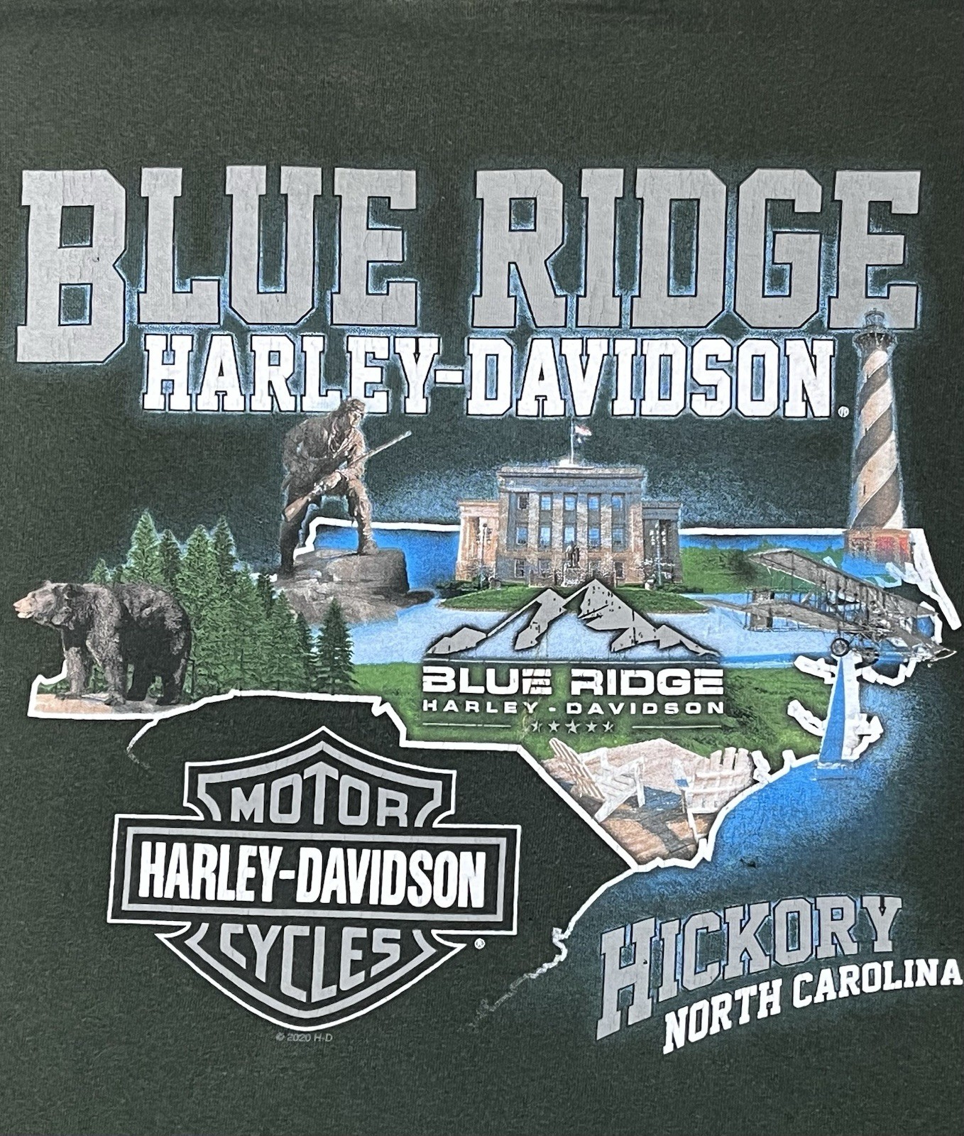HARLEY-DAVIDSON Blue Ridge Hickory NC Green Long-Sleeve T-Shirt Men’s 2XL HOLES