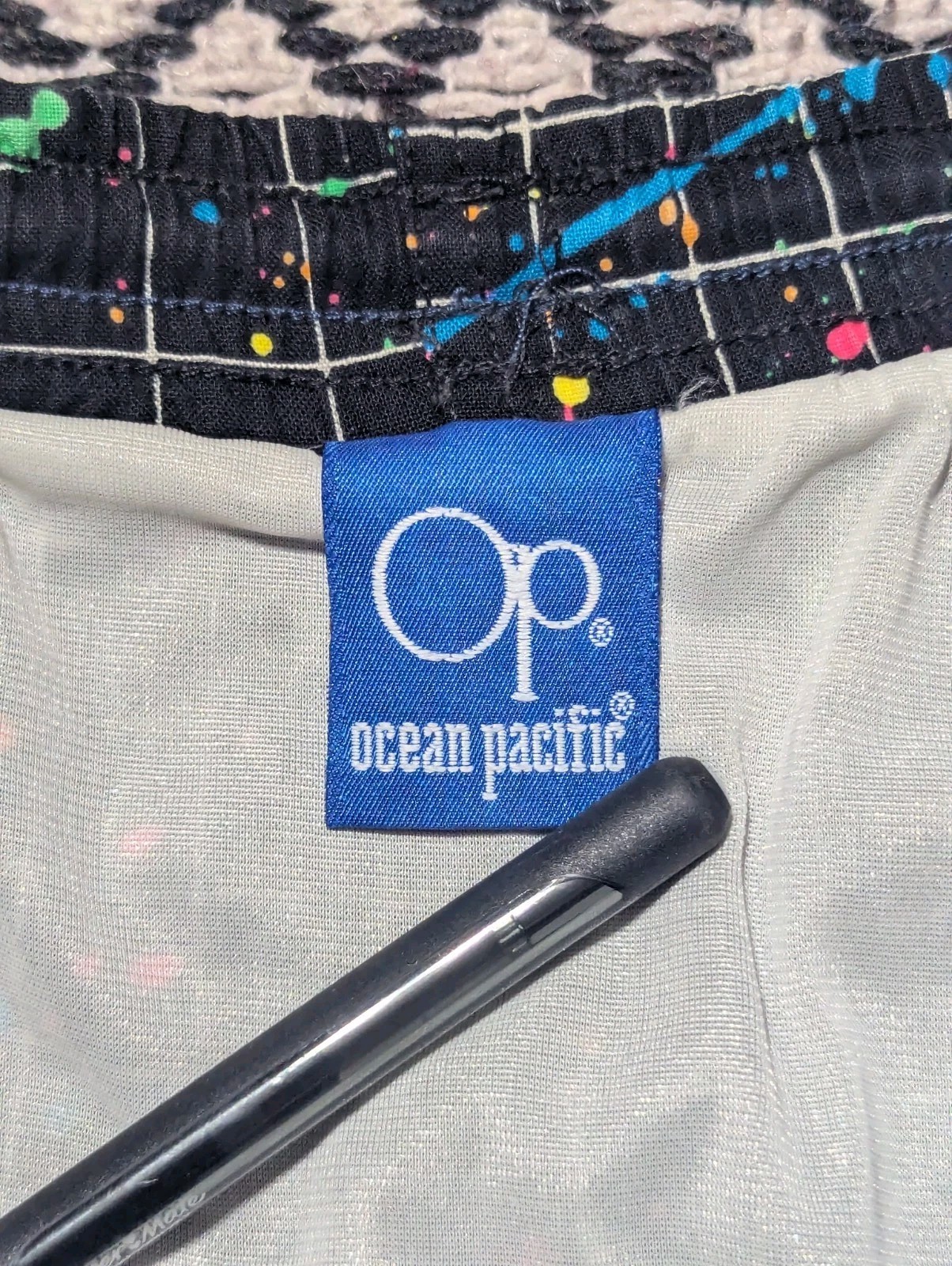 Vintage 80s 90s Ocean Pacific Shorts Swim Trunks AOP Surf Skate Grid Paint L/XL