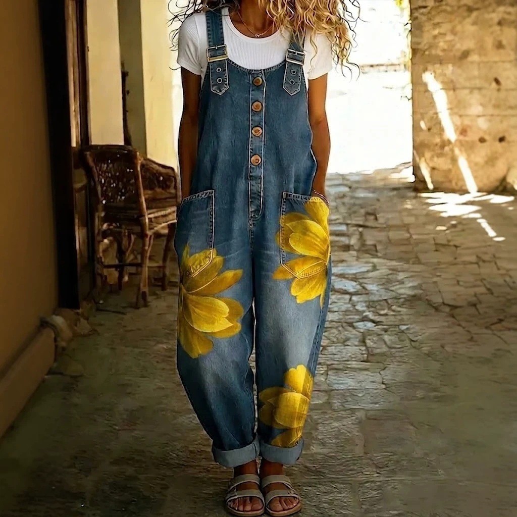 NEW Womens Denim-Style Jumpsuit With Floral Print