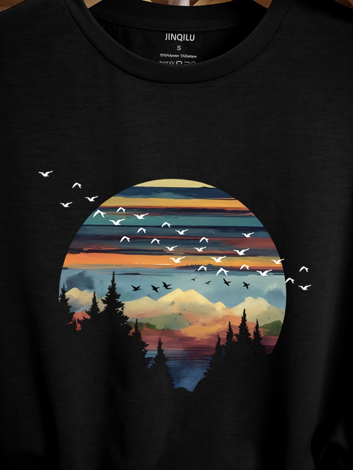 Mountain Sunset Horizon T-Shirt | Pine Forest & Flying Birds Graphic Tee