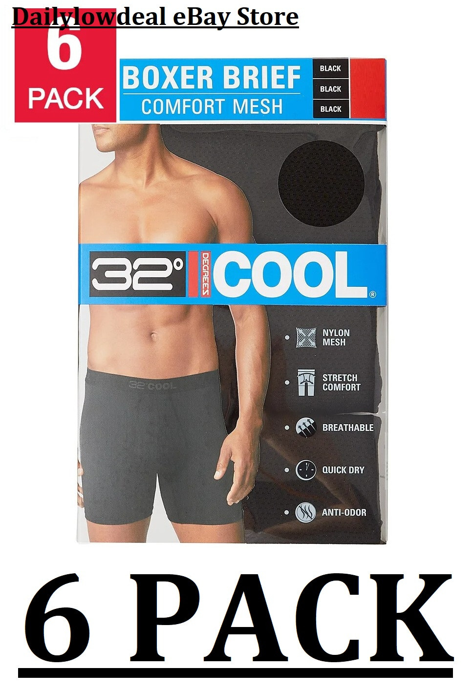 6 Pack – 32 Degrees Cool Men’s Comfort Mesh Boxer Brief Black S, M, L, XL, XXL