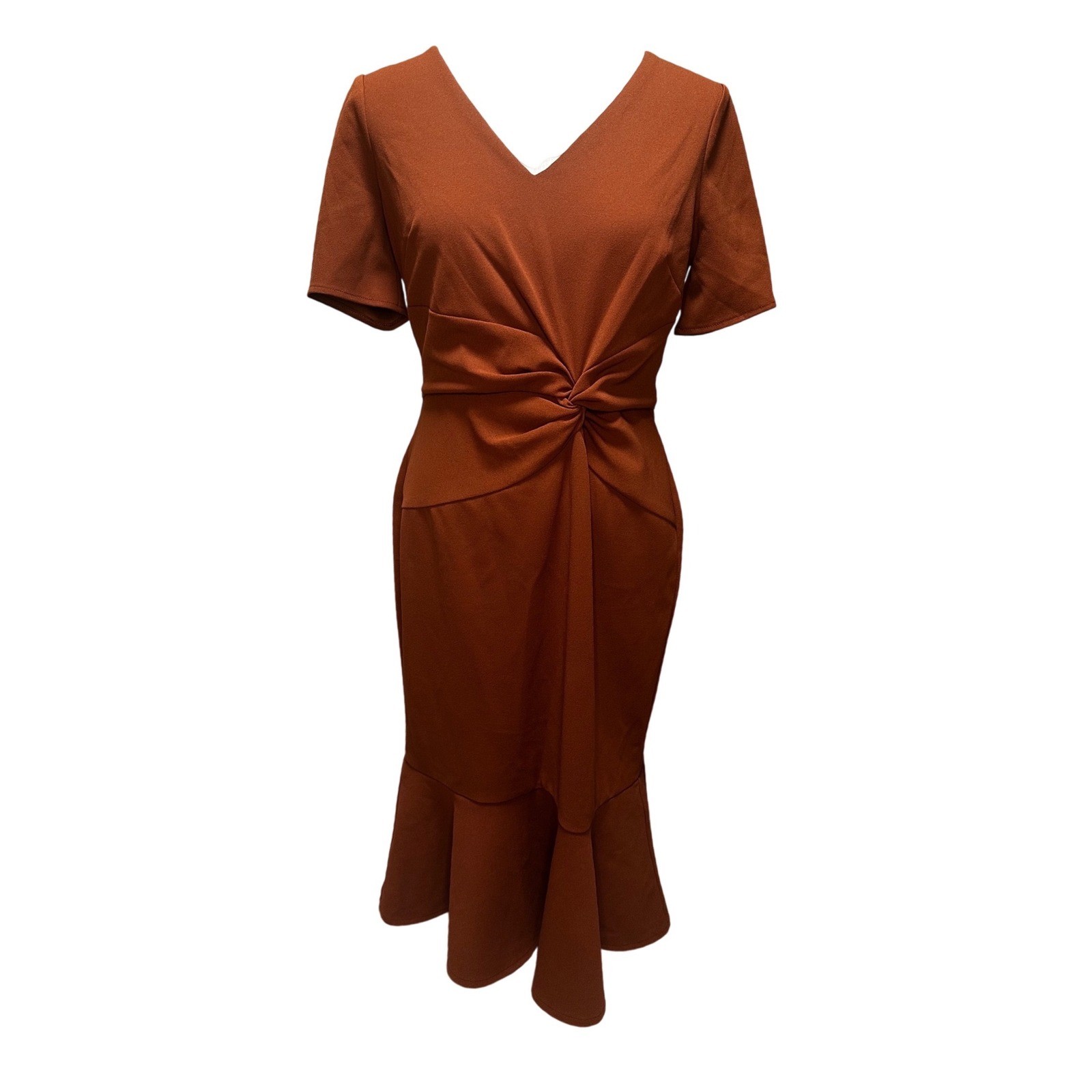 London Times Rust Twist Front Midi Dress 10 VNeck Mermaid Hem Cocktail Career