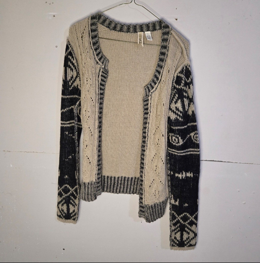 BKE Women’s Open Knit Cardigan Sweater Beige/Black Geometric Long Sleeve L