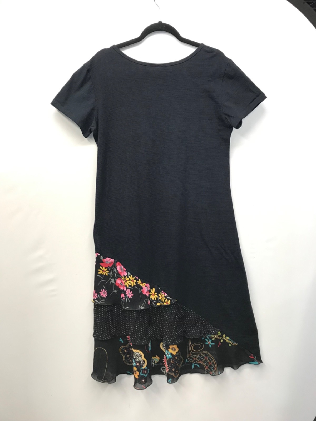 Vtg Crazy Fish Womens L Dress Lagenlook Artsy Beachy Black Boho Ruffle Floral