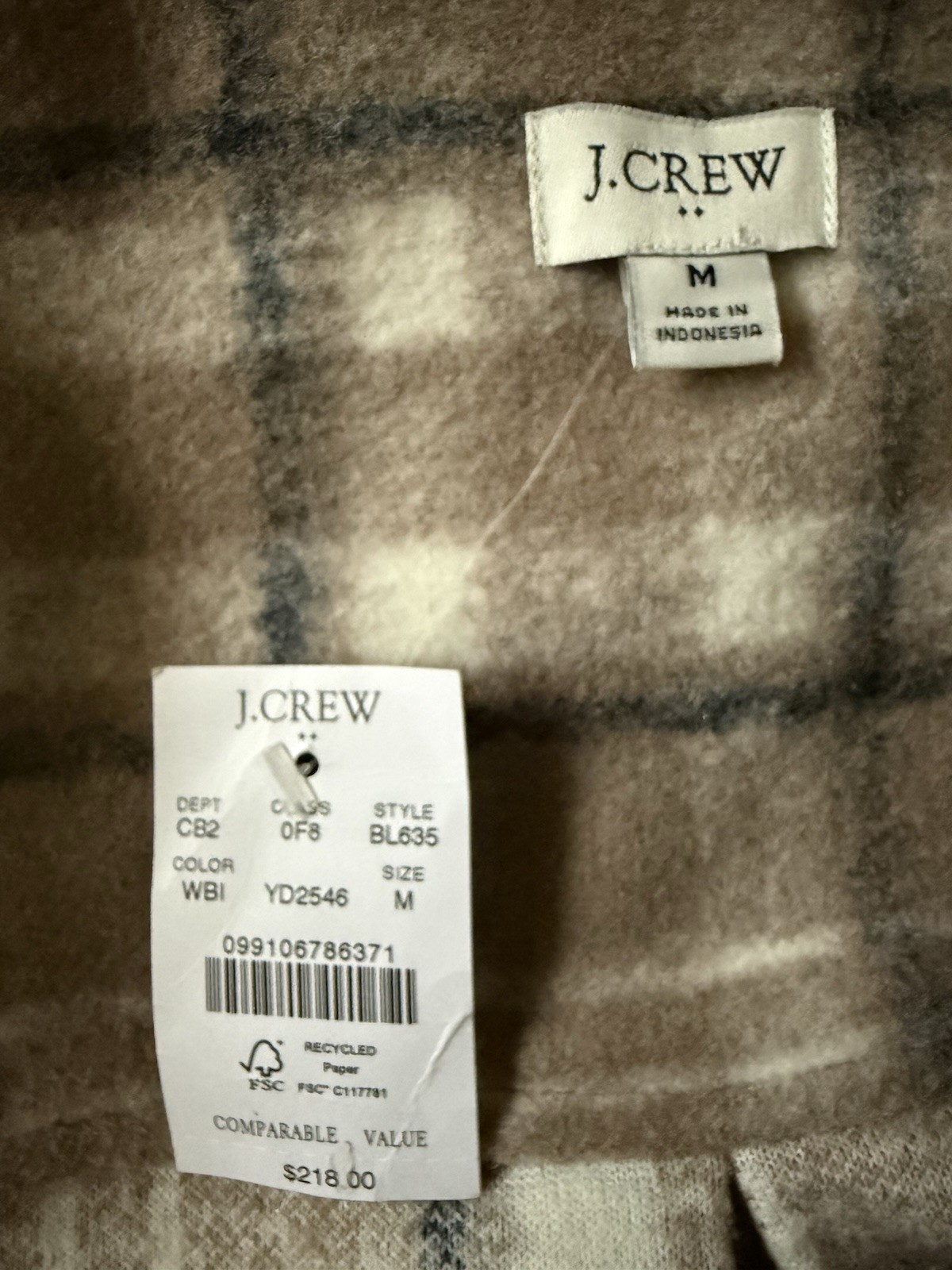 J.Crew Women’s Plaid Fleece Shirt Jacket Shacket Tan Beige Size M New With Tags