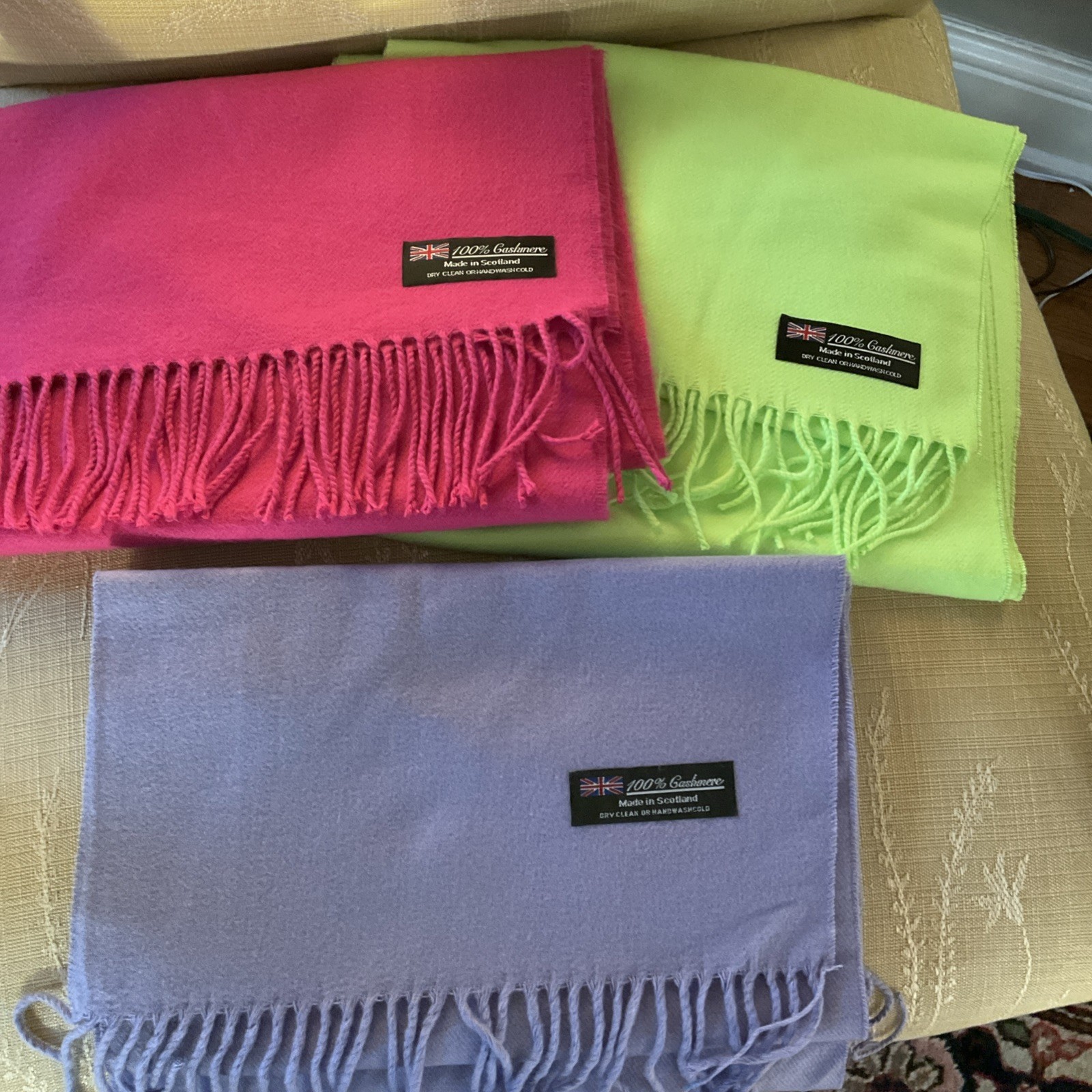 3 SCOTLAND 100% CASHMERE Pink, Lime Green & Purple Scarf Scarves, Excellent