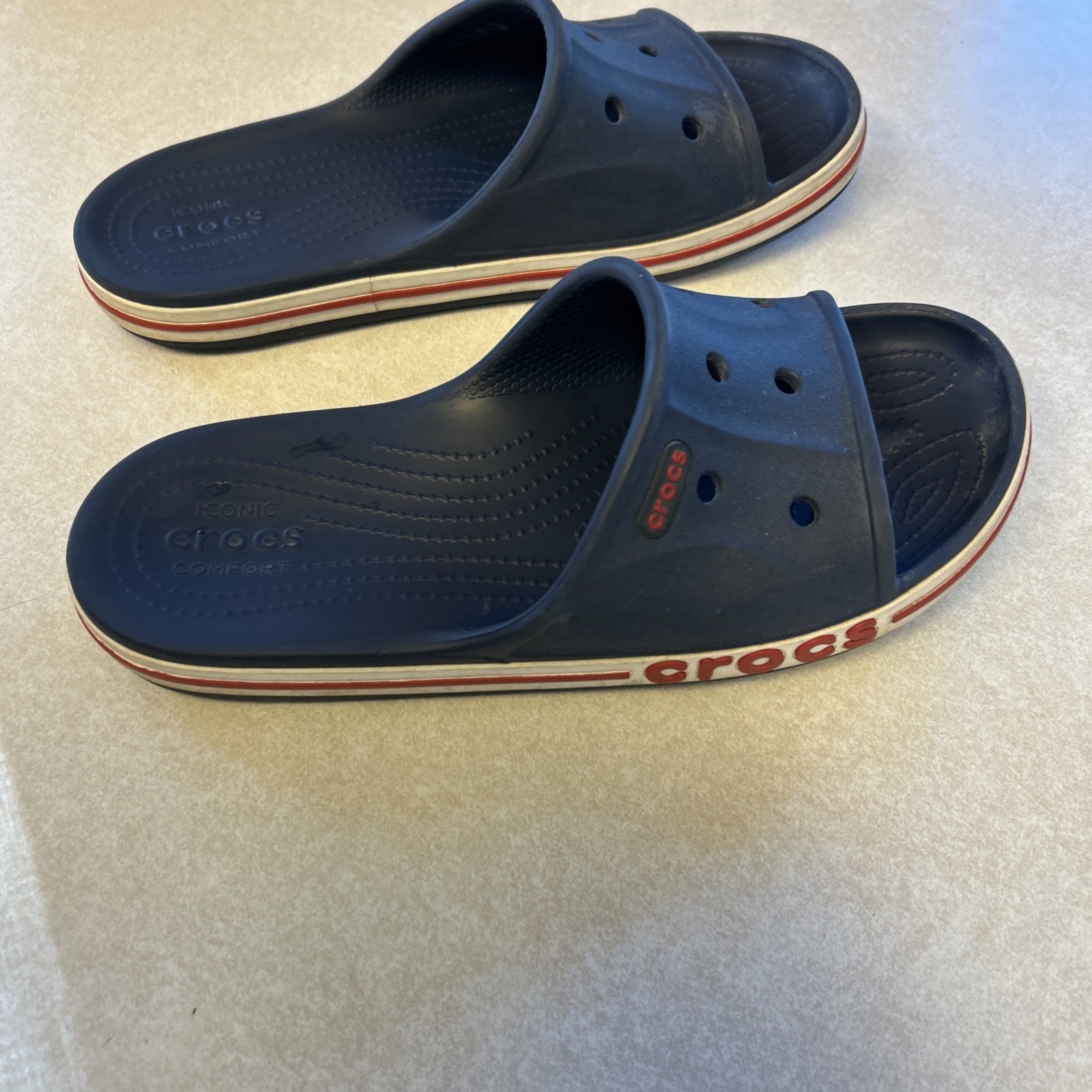 Crocs Bayaband Navy Blue Red White Slip-On Slide Sandals Womens Size 9 Mens 7