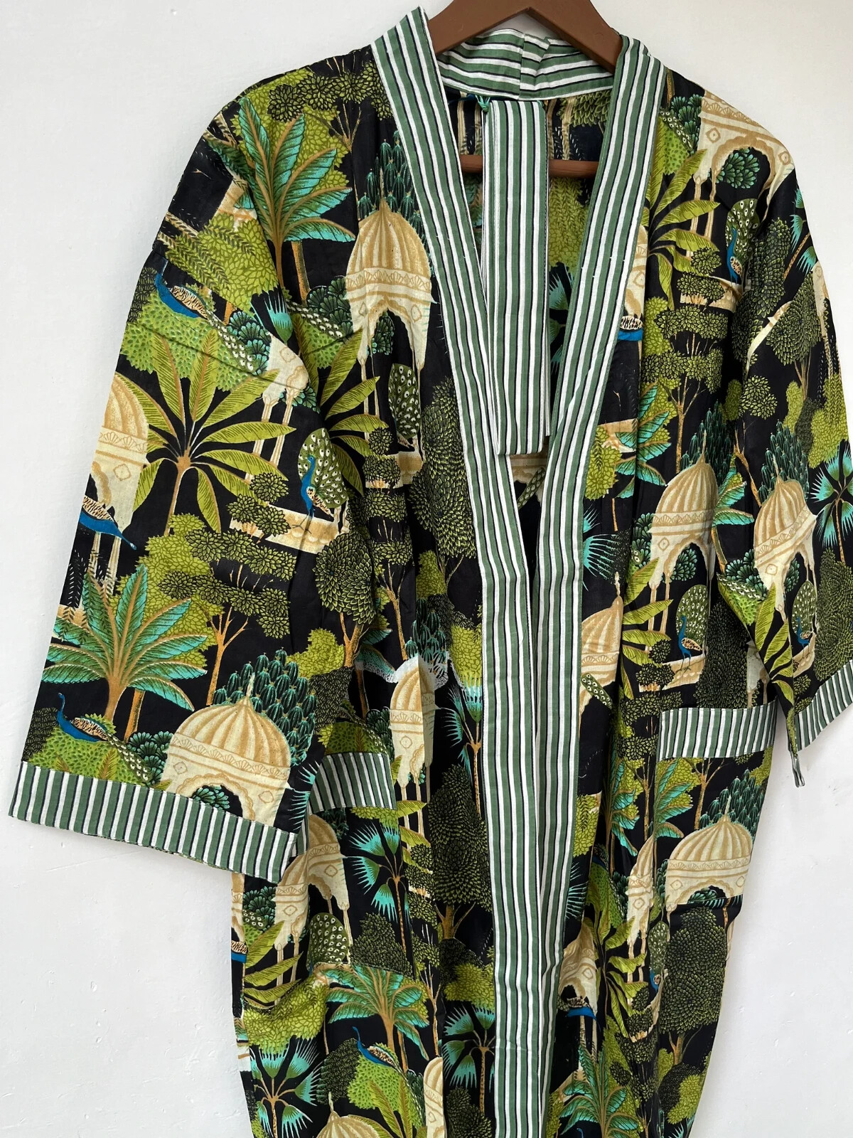 Indian Cotton Robe Long Kimono Sleepwear Black Floral Printed Night Kimono Robe