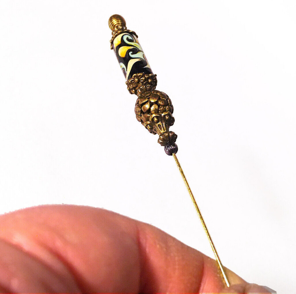 Hatpin with Vintage Tibetan Design & antique Bronze & Hand Made Artisan Ceramic