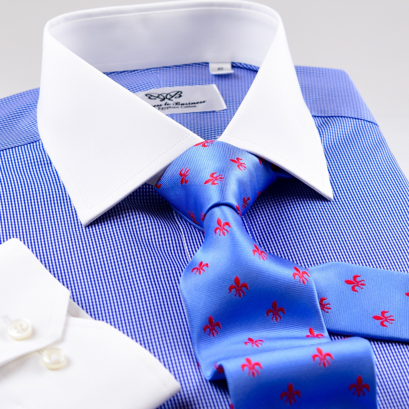 Blue Check Contrast White Dress Shirt Rich Italian Inner Lining Single Cuffs A