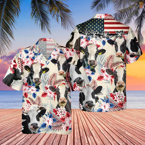 Holstein Friesian Cattle American Flag Hawaiian Flowers Trendy Hawaiian Shirt