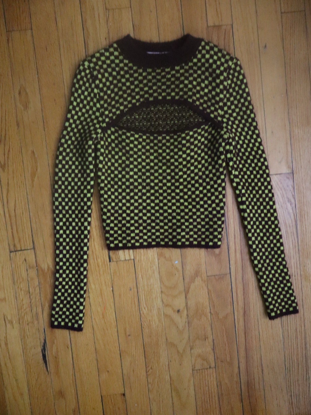 Zara Women’s Brown & Green Check Knit Crew Neck Long Sleeve Pullover Sweater M